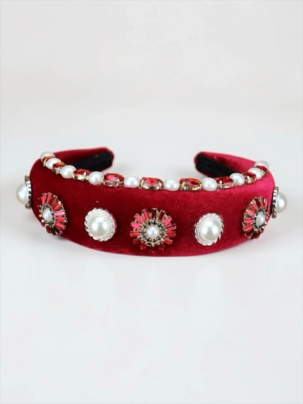 Red Velvet Pearl Rhinestone Embellished Headband Statement Hairband NWT